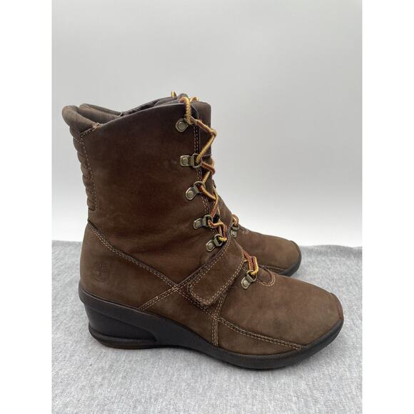 Timberland Womens Size 7.5 M Brown Leather Laces Up Hidden Wedge Fashion Boots - Picture 13 of 16
